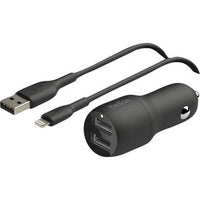 Car Charger with Dual USB-A Ports and Lightning Cable