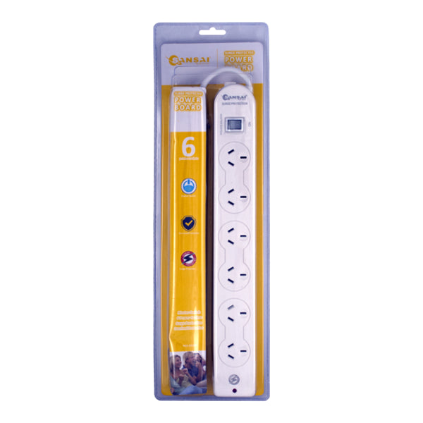 6 Way Surge Powerboard with Master Switch, 1m Cable, Surge Protection, Max Load 10A 2400W AC