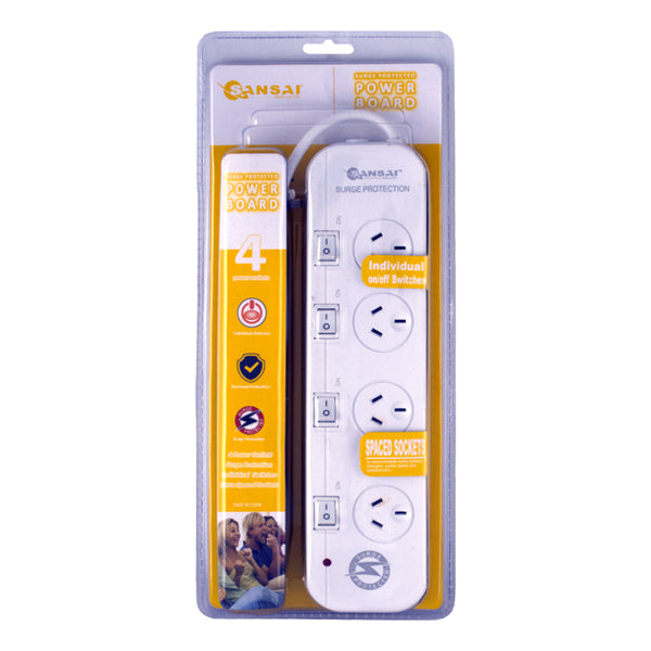 4 Way Surge Powerboard with Individual Switches, 1 Wide-Spaced Outlet, 1m Cable - 240V AC - Max Load 10A 2400W
