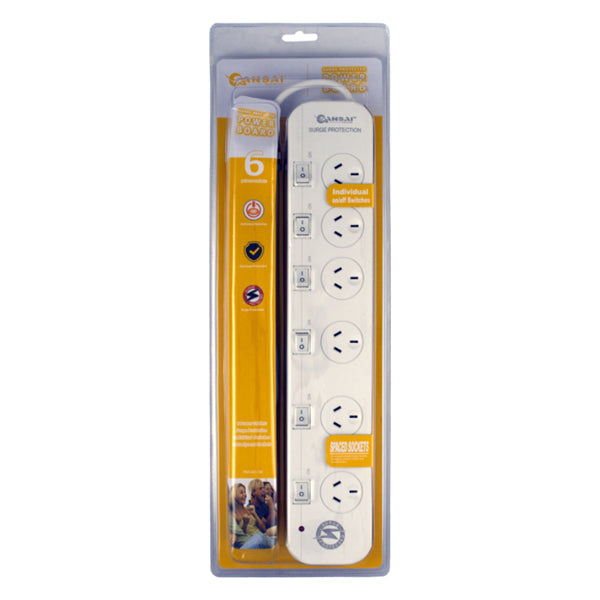 6 Outlet Surge Powerboard Individual Switches 2 Wide-Spaced Outlets 1m Cable 240V 10A Powerboard