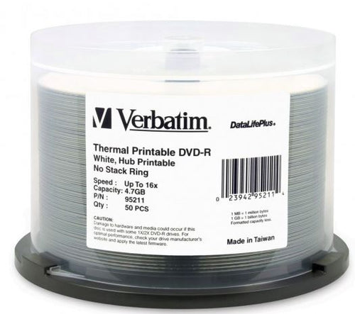 Verbatim - Verbatim DVD-R 4.7GB 16x Thermal Printable 50 Pack Spindle - White