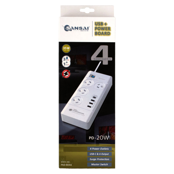 4 Way Surge Powerboard with 3 x USB-A & 1x USB-C Charger Powerboard